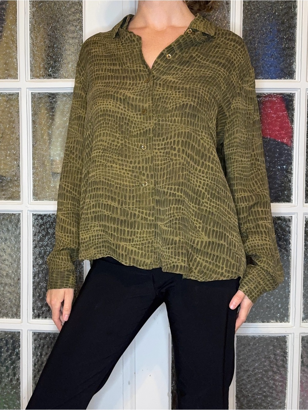 Olive Patterned lightweight silk Button-Front Women's Shirt Top